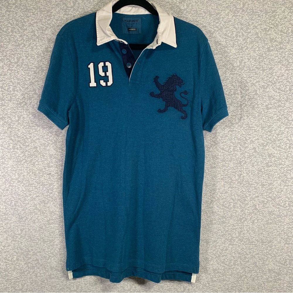 EXPRESS Pique Polo Blue with White Collar Short Sleeve Men's Shirt Medium #894